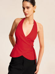 Cotton & Linen Halter Wrap Top With Ring Detail