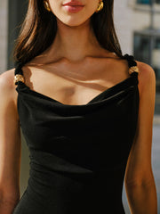 Linen & Cotton Panel Cowl Neck Metal Detail Sleeveless Dress