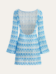 Semi-Sheer Backless Crochet Dress with Flared Sleeves