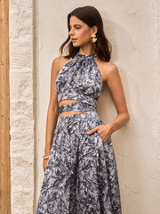 Printed Halter Backless Skirt Set With Tie-Back