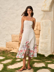 Strapless Floral Print Dress With Decor Buttons