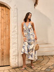 Backless Halter Neck Floral Print Dress