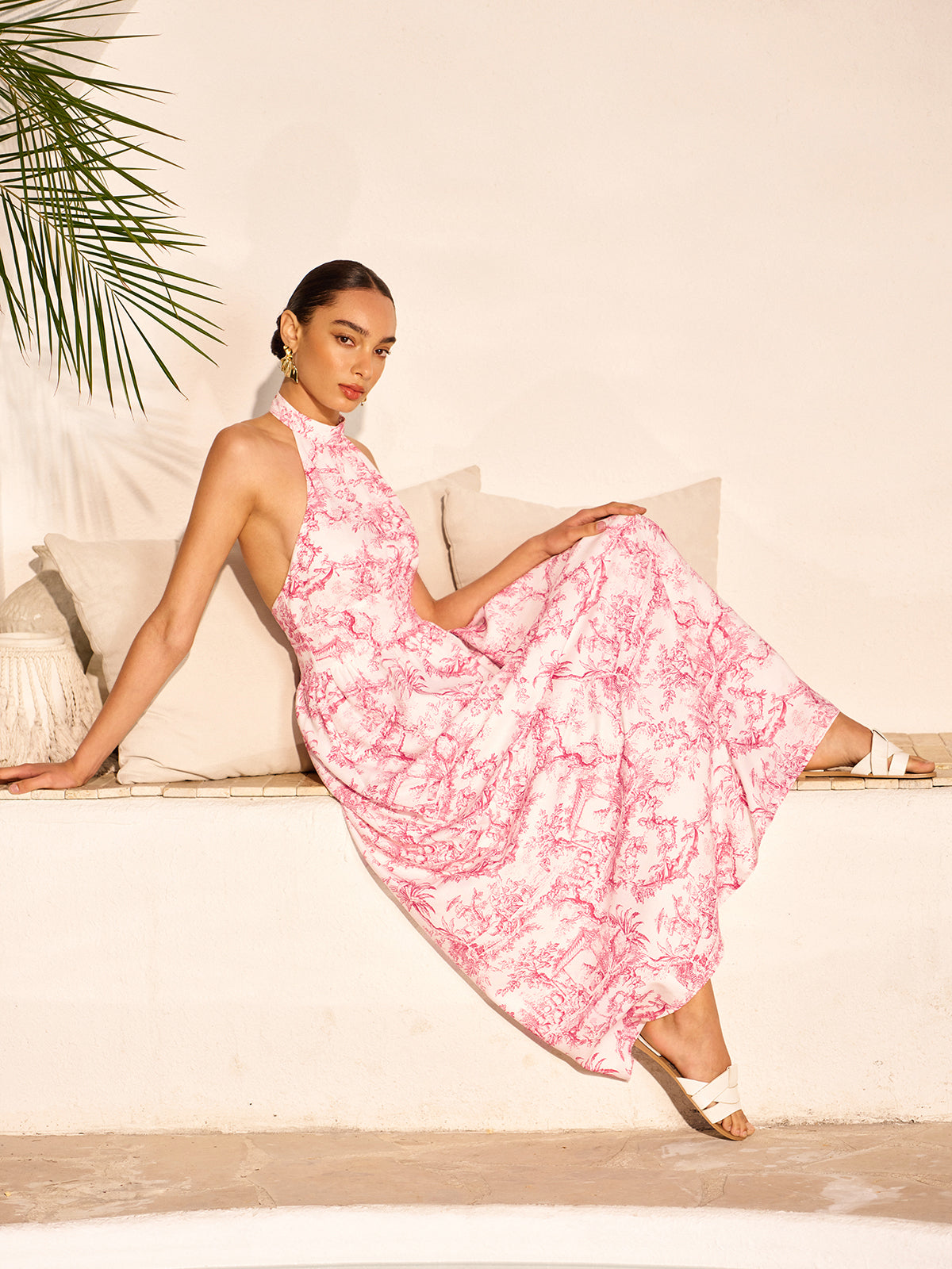 Halter Neck Printed Backless Dress With Pockets