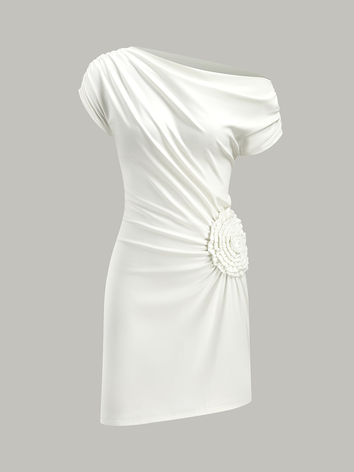 One-Shoulder Ruched Dress With Rosette Detail