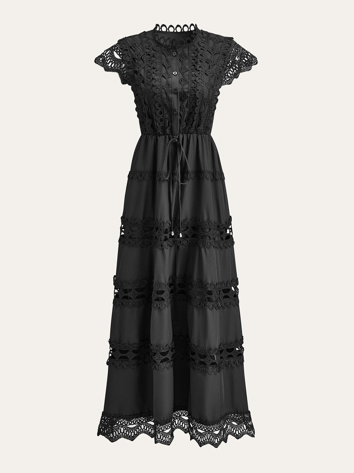Eyelet Lace Paneled Dress With Waist Tie