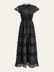 Eyelet Lace Paneled Dress With Waist Tie