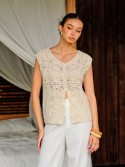 Cotton Crochet Knit Buttoned Top