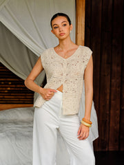 Cotton Crochet Knit Buttoned Top