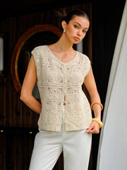 Cotton Crochet Knit Buttoned Top