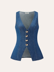 Metal Button Tie-Back Denim V-Neck Shorts Set