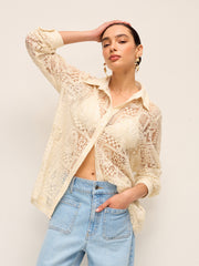 Long-Sleeve Lace Polo Collar Cotton-Blend Shirt