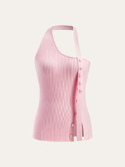 Asymmetrical Halter Button Knit Top