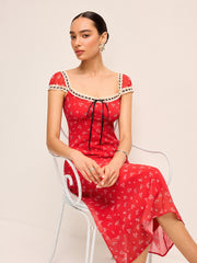 Floral Print Midi Dress with Lace Trim