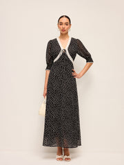 Semi-Sheer Polka Dot Chiffon Dress With Lace Trim