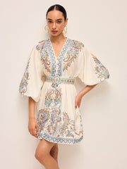 Boho Belted V-Neck Dress With Balloon Sleeves