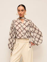 Long-Sleeve Plaid Chiffon Shirt With Neck-Tie Detail