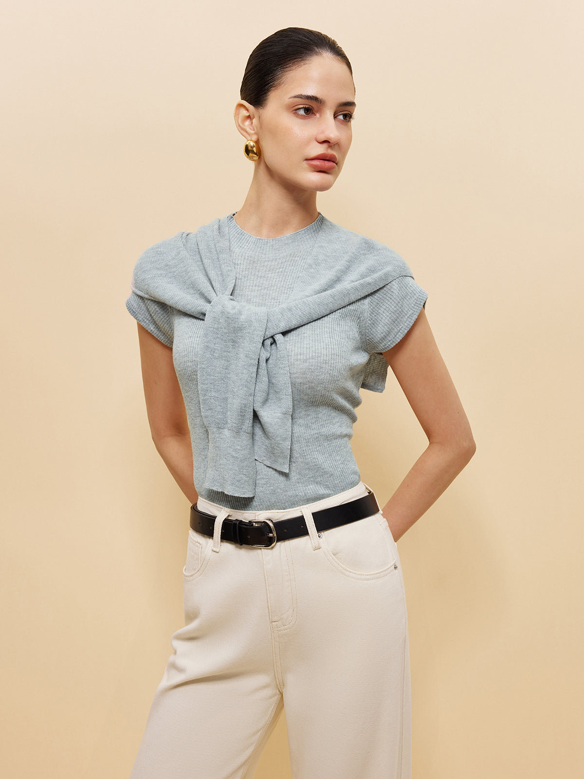Wool-Blend Ribbed Knit Top With Tied Shawl Detail