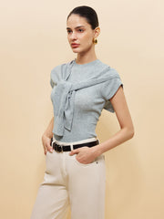 Wool-Blend Ribbed Knit Top With Tied Shawl Detail