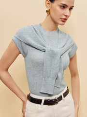 Wool-Blend Ribbed Knit Top With Tied Shawl Detail
