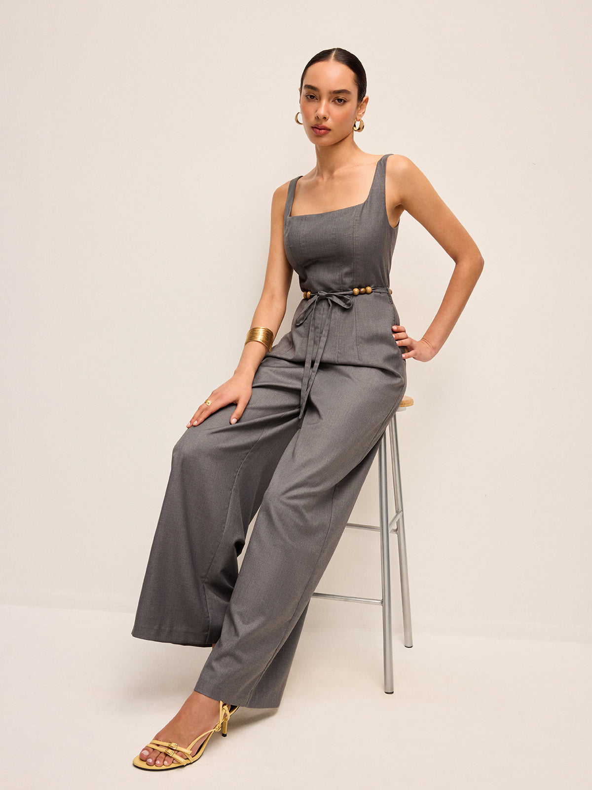 Square Neck Belted Jumpsuit With Beaded Waist Tie