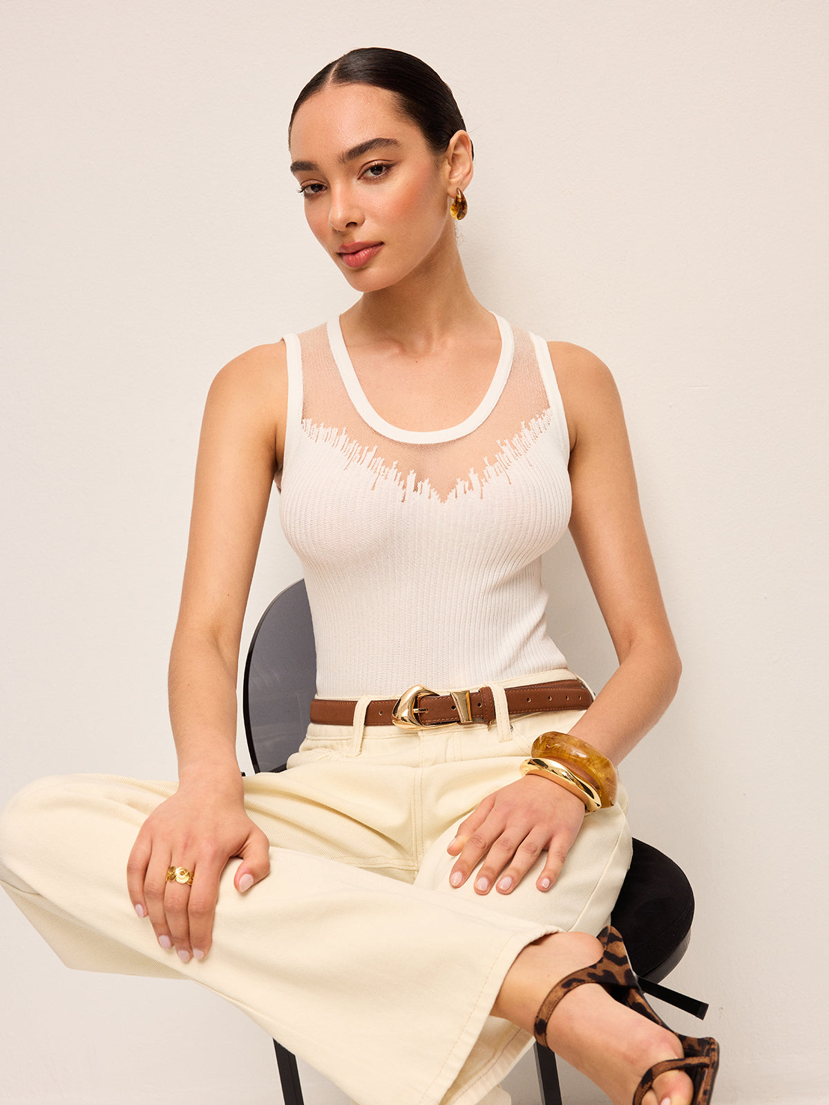 Sheer Mesh Detail Knit Top