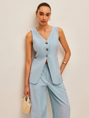 Cotton & Linen Tie-Back Vest With Pants Set