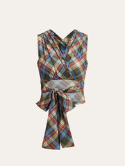 Semi-Sheer Plaid Knotted Tie-Back Top