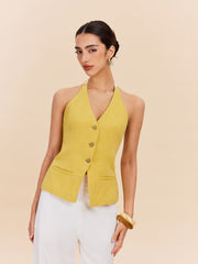 Cotton & Linen Halter Top With Decor Pocket