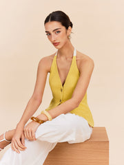 Cotton & Linen Halter Top With Decor Pocket