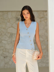 Sleeveless V-Neck Top With Gold Buttons