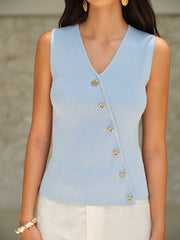 Sleeveless V-Neck Top With Gold Buttons