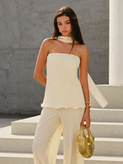 Strapless Vertical-Pleated Top With Scarf Detail