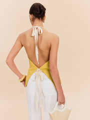 Cotton & Linen Halter Top With Decor Pocket