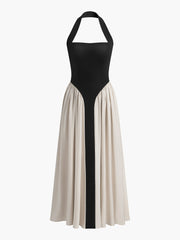 Color Block Halter Neck Linen Blend Dress