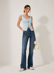 Button-Front Lace Trimmed Top