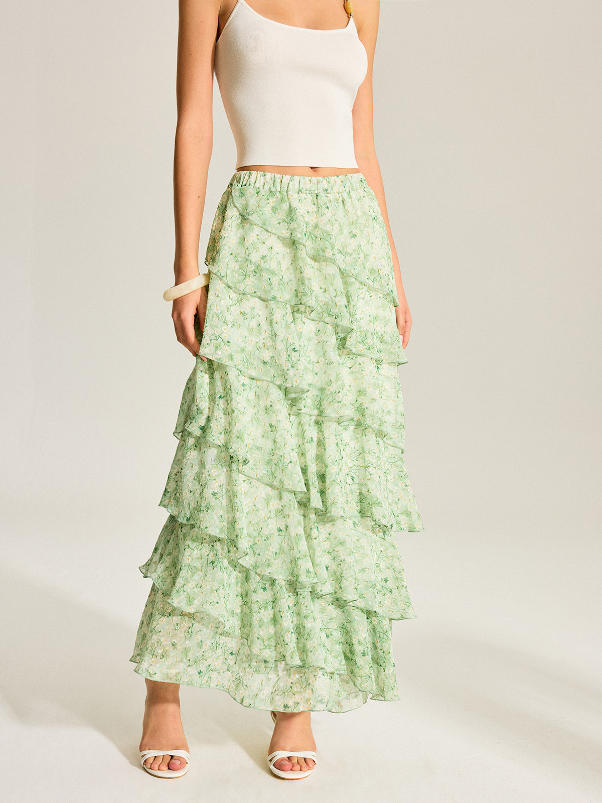 Semi-Sheer Golden Polka Dot Chiffon Tiered Skirt