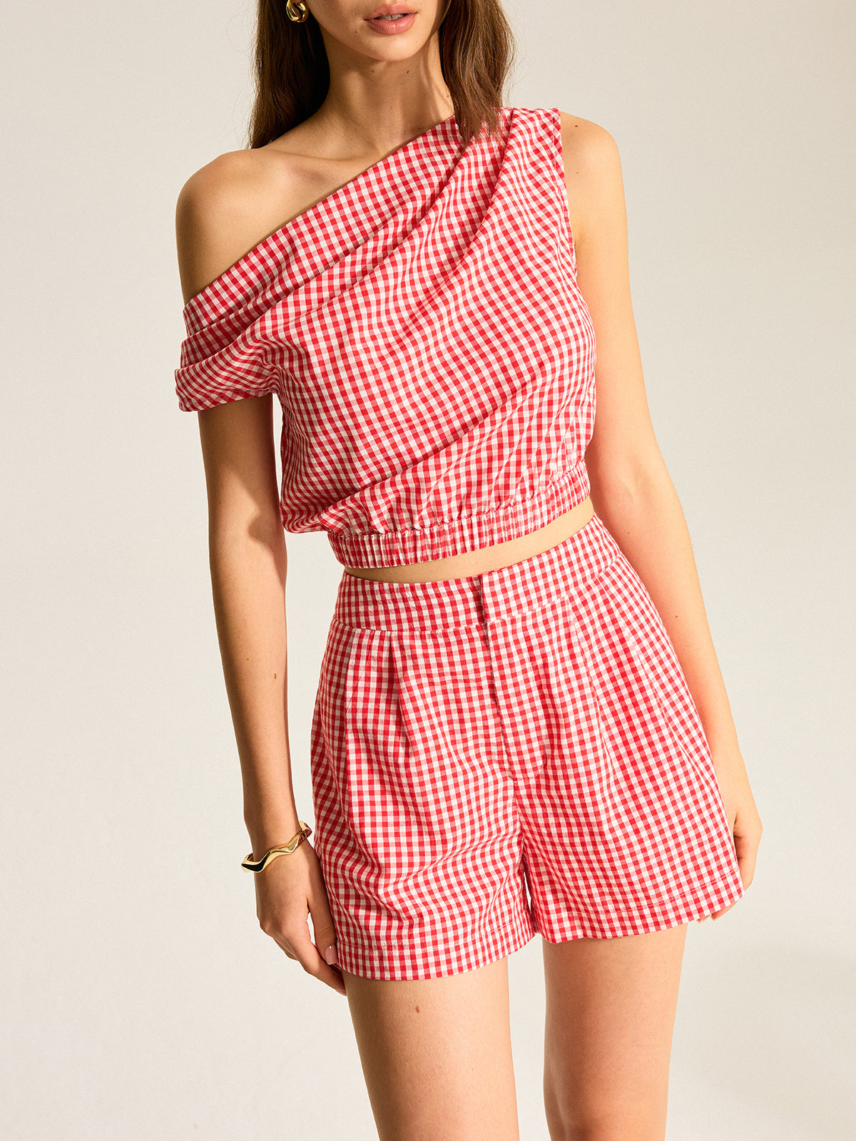 Gingham One-Shoulder Top and Shorts Set