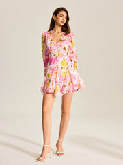 Floral Print V-Neck Dress With Eyelet Detail