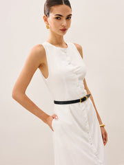 Cotton & Linen Button-Front Sleeveless Dress Without Belt
