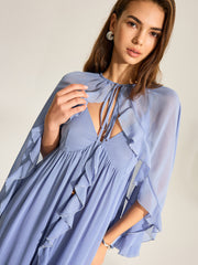 Semi-Sheer Cape Two-Piece Ruffled Chiffon Dress