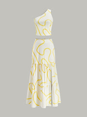 One-Shoulder Abstract Print Crop Top and Tiered Maxi Skirt Set