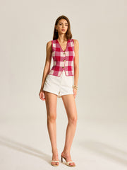 Checkerboard Button-Front Knit Vest