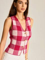 Checkerboard Button-Front Knit Vest