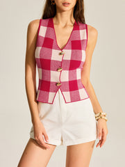 Checkerboard Button-Front Knit Vest