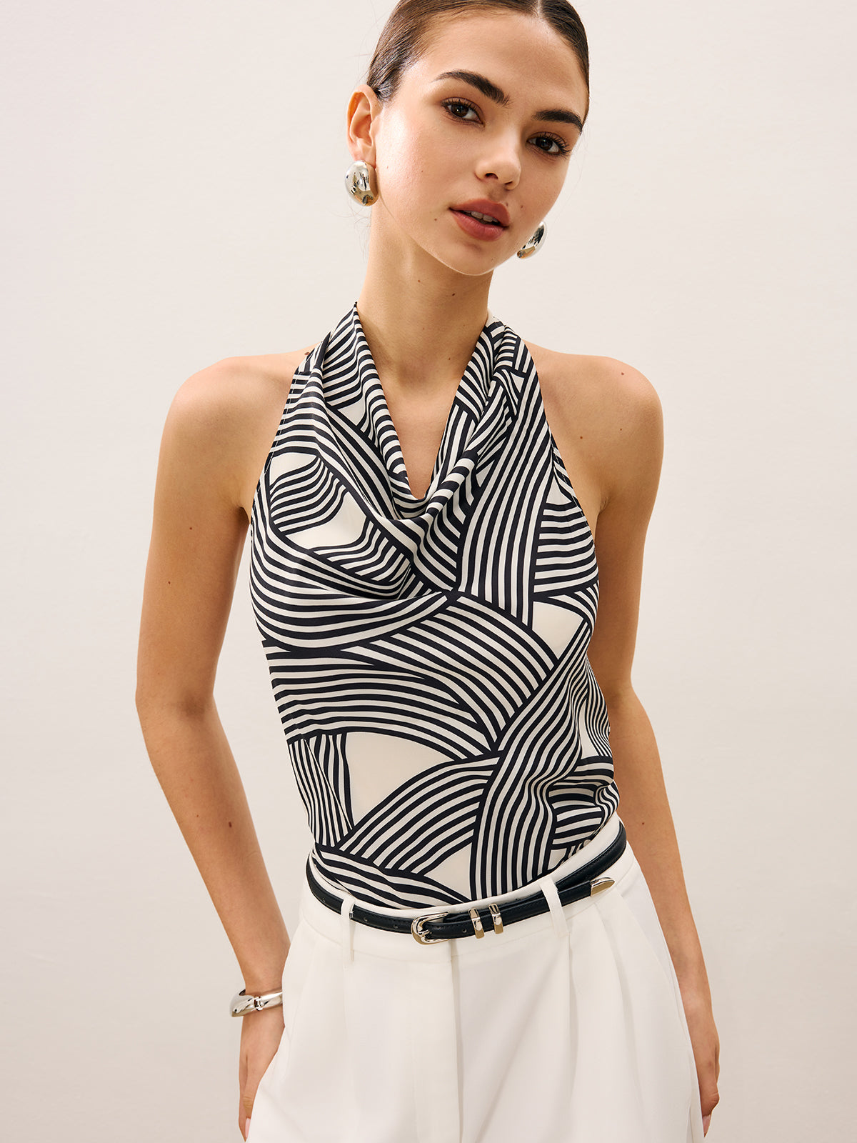 Abstract Stripe Print Cowl Neck Halter Top