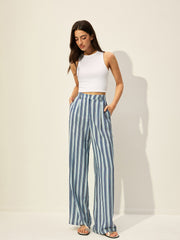 Cotton Blend High-Waist Striped Pants