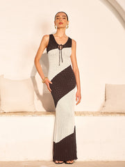 Two-Tone Crochet Front Tie Knit Dress