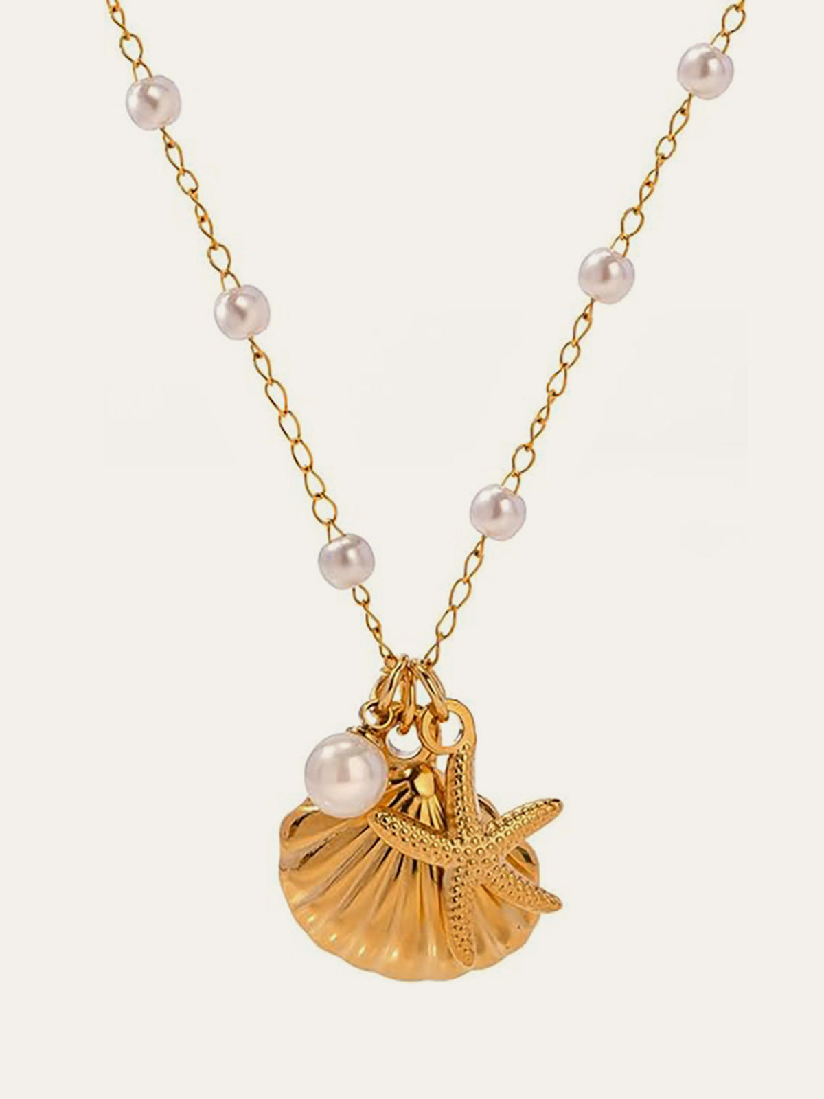 Golden Shell & Starfish Necklace With Pearls