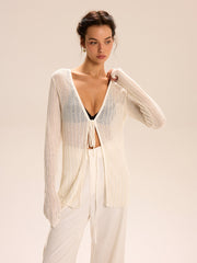 Sheer Ribbed Knit Cardigan With Tie-Front