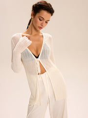 Sheer Ribbed Knit Cardigan With Tie-Front